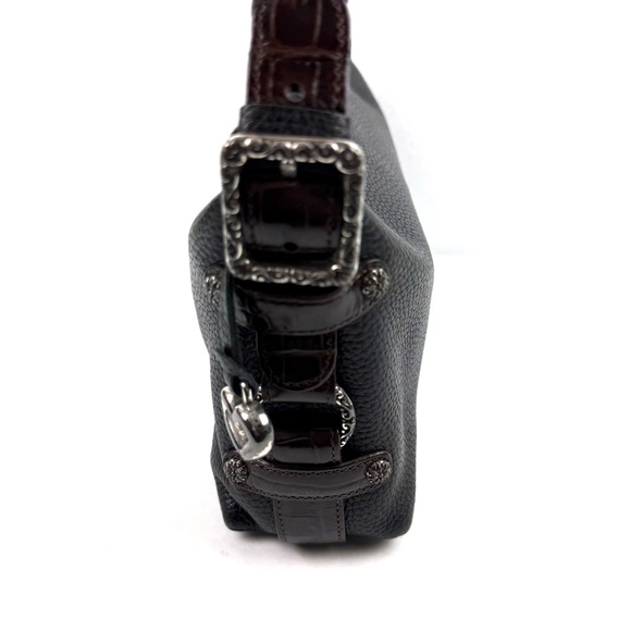 Brighton Handbag Black Brown Leather Shoulder Bag Purse Bag Charm Silver Accent - Picture 2 of 16